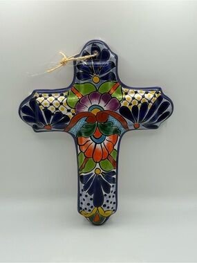 Talavera Scalloped Cross Mexican Pottery Folk Wall Art Decor Multicolor 10.5”
